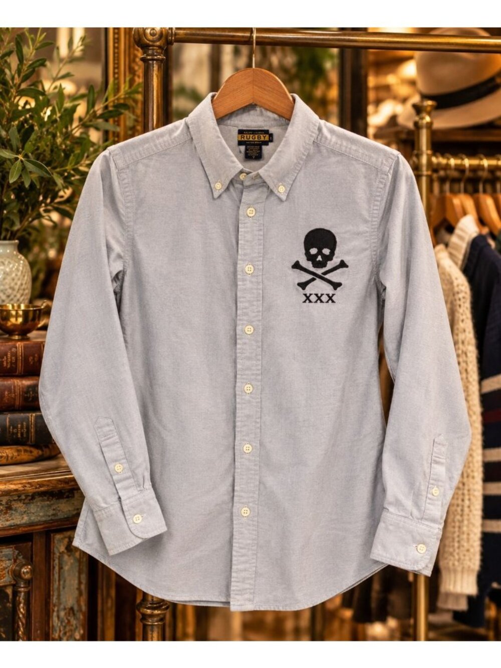 Ralph Lauren Rugby Womens Skull Blue Long Sleeve Button Down Oxford Shirt Sz 6